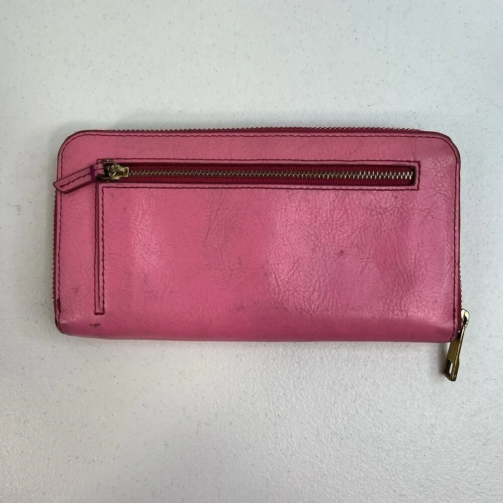 Fossil Pink Pebbled Leather Zip Around Wallet‎ Pockets Card Slots Pocketbook